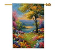 Drapeau de maison dans un arbre, paysage de fleurs impressionnistes en toile de jute verte double face pour extérieur, terrasse, cour, pelouse, entrée, balcon, 71,1 x 101,6 cm