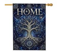 Drapeau de maison d'arbre, feuilles artistiques mystiques, racines, maison, toile de jute bleue, double face, grand drapeau de jardin pour extérieur, terrasse, pelouse, entrée, camping 71 x 101,6 cm