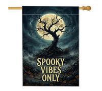 Drapeau de maison d'arbre, gothique effrayant lune brouillard Halloween toile de jute noire double face avant porche drapeaux décoratifs pour extérieur, cour, pelouse, patio, porte, entrée 71,1 x