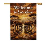 Drapeau de maison d'automne avec citation d'éléphants et coucher de soleil | Faune africaine, drapeau de cour, paysage de coucher de soleil, feuillage d'automne, thème familial, décoration d'intérieur