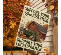 Drapeau de maison d'automne avec citation en anglais « Support Local Farmer | Grange vintage, drapeau de cour, citrouilles de récolte, ferme rustique, décoration de cour extérieure, soutien agricole