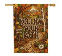 Drapeau de maison d'automne avec citation inspirante d'aventure 71 x 101 cm | Thème sentier forestier, drapeau de cour, citation inspirante, boussole et sabot imprimés, décoration de forêt rustique