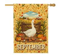 Drapeau de maison d'automne en forme d'oie de septembre 71 x 101 cm | Thème ferme, drapeau de cour, décoration de récolte, salutation saisonnière, paysage rural, patch citrouilles