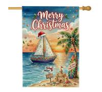 Drapeau de maison de bateau à voile sur le thème de Noël Tropical Beach 71 | Scène de plage tropicale, drapeau de pelouse, thème nautique, palmier décoré, château de sable, mouette côtière