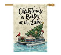 Drapeau de maison de bateau avec citation de Noël au lac 71,1 x 101,6 cm | Oiseau cardinal, drapeau de cour, arbre de Noël, décoration de cabane de lac, fond de flocon de neige d'hiver
