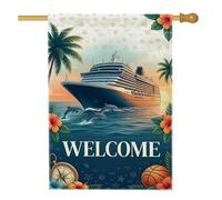 Drapeau de maison de bateau de croisière, dauphins nautiques tropicaux, palmiers, toile de jute bleue d'été, drapeaux décoratifs double face pour extérieur, terrasse, cour, pelouse, entrée, balcon, 71