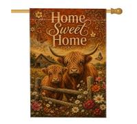 Drapeau de maison de bétail des Highlands, campagne rustique, papillon, fleurs, marron automne, double face, en toile de jute pour porche, extérieur, terrasse, cour, pelouse, entrée, balcon, 71 x