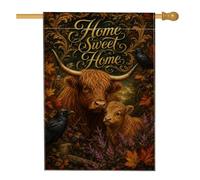 Drapeau de maison de bétail des Highlands, rustique, corbeaux automnaux, feuilles, marron automne, double face, décoration extérieure pour porche, cour, pelouse, terrasse, porte, entrée, 71,1 x 101,6
