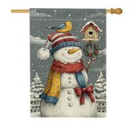Drapeau de maison de bonhomme de neige, nichoir à oiseaux festif d'hiver en toile de jute rouge double face pour extérieur, pelouse, cour, patio, entrée 71,1 x 101,6 cm