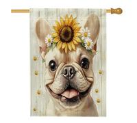 Drapeau de maison de bouledogue français en bois rustique de 71,1 x 101,6 cm pour extérieur, marguerite de tournesol, drapeau vertical standard en lin pour maison, animal domestique, cour