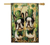 Drapeau de maison de bouledogue français pour la Saint-Patrick, 71,1 x 101,6 cm, double face pour décoration extérieure, chiot en vitrail pour la maison, motif trèfle pour animal de compagnie, drapeau