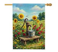 Drapeau de maison de campagne estivale avec pompe à eau 71,1 x 101,6 cm | Scène de campagne rustique, drapeau de pelouse, tournesol et roseraie, libellule et accents de papillon
