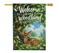 Drapeau de maison de cerf, nature fantaisiste papillon arbre printemps vert printemps double face toile de jute décoratif extérieur porche drapeaux pour extérieur, terrasse, cour, pelouse, entrée