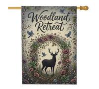 Drapeau de maison de cerf, nature rustique, fleurs, oiseaux, vert automne, double face, toile de jute pour extérieur, pelouse, cour, patio, entrée, 71,1 x 101,6 cm