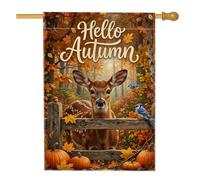 Drapeau de maison de cerf, rustique fantaisie, citrouilles, feuilles d'automne orange double face en toile de jute décorative pour extérieur, pelouse, cour, patio, entrée 71,1 x 101,6 cm