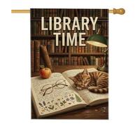 Drapeau de maison de chat, lampe de livre littéraire confortable, pas de café, toile de jute double face, drapeaux décoratifs extérieurs de porche pour patio extérieur dernière intervention, patio