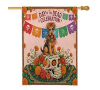 Drapeau de maison de chien Airedale Terrier Jour des morts 71 x 101,6 cm pour l'extérieur, drapeau vertical standard en lin pour maison, drapeau bohème avant cour arrière décoration extérieure