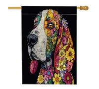 Drapeau de maison de chien basset de printemps 71,1 x 101,6 cm pour extérieur, art floral noir, drapeau vertical standard en lin, pour maison, animal de compagnie, cour, arrière-cour