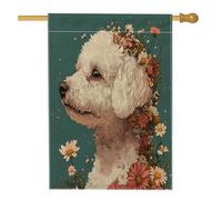 Drapeau de maison de chien bichon frisé de printemps 71,1 x 101,6 cm double face pour décoration extérieure, beau et esthétique, drapeau floral avant cour en lin, drapeau de maison, motif animal de