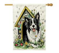 Drapeau de maison de chien Border Collie de printemps 71,1 x 101,6 cm double face pour décoration extérieure, chenil amusant en toile pour chiot, niche de jardin, drapeau de maison, motif animal de