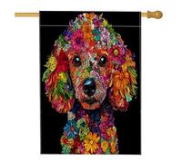 Drapeau de maison de chien caniche printanier 71,1 x 101,6 cm double face pour décoration extérieure, art floral noir avant en lin, drapeau de maison, motif animal de compagnie, drapeau de pelouse