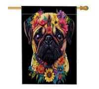 Drapeau de maison de chien carlin printanier 71,1 x 101,6 cm double face pour décoration extérieure, art floral noir, drapeau de cour avant en lin, drapeau de maison, motif animal de compagnie