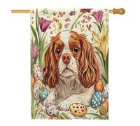 Drapeau de maison de chien Cavalier King Charles de Pâques 71,1 x 101,6 cm double face pour décoration extérieure, œufs floraux vintage, chiot en toile, drapeau de maison, motif amusant pour