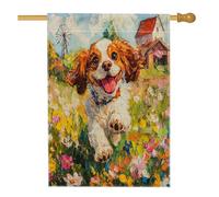 Drapeau de maison de chien Cavalier King Charles de printemps 71,1 x 101,6 cm double face pour décoration extérieure, jardin de campagne, chiot en toile, drapeau de maison, motif amusant pour animaux