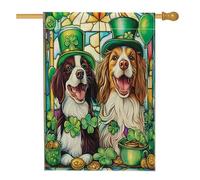 Drapeau de maison de chien de Bretagne de la Saint-Patrick 71,1 x 101,6 cm double face pour décoration extérieure, chiot en vitrail, drapeau de maison, motif trèfle pour animal de compagnie, drapeau