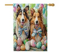 Drapeau de maison de chien de printemps Pâques rugueux Collie 71,1 x 101,6 cm double face pour décoration extérieure, œufs en vitrail, chiot en toile, drapeau de maison, motif amusant pour animaux de