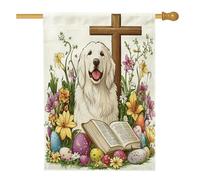 Drapeau de maison de chien des Pyrénées printanières de Pâques 71 x 101,6 cm double face pour décoration extérieure, œufs de campagne, fleurs de chiot en toile, drapeau de maison, motif amusant pour