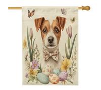 Drapeau de maison de chien Russell Terrier de printemps de Pâques 71,1 x 101,6 cm pour l'extérieur, œufs d'art floral, drapeau vertical standard en lin, drapeau pour maison, animal de compagnie, cour