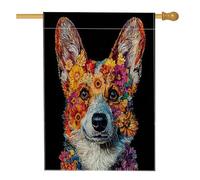 Drapeau de maison de chien Spring Corgi 71,1 x 101,6 cm double face pour décoration extérieure, art floral noir avant en lin, drapeau de maison, motif animal de compagnie, drapeau de pelouse
