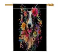Drapeau de maison de chien Spring Rough Collie 71,1 x 101,6 cm pour extérieur, art floral noir, drapeau vertical standard en lin pour maison, animal de compagnie, devant cour arrière drapeau pour
