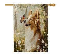 Drapeau de maison de chien Spring Rough Collie 71,1 x 101,6 cm pour extérieur, papillons amusants, drapeau vertical standard en lin pour maison, animal de compagnie, devant cour arrière drapeau pour