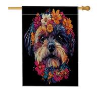 Drapeau de maison de chien Spring Shih Tzu 71,1 x 101,6 cm pour extérieur, art floral noir, drapeau vertical standard en lin, pour maison, animal domestique, cour, arrière-cour