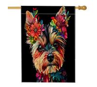 Drapeau de maison de chien Spring Yorkies - 71,1 x 101,6 cm - Double face pour décoration extérieure, art floral noir - Drapeau de maison en lin pour animaux de compagnie - Motif extérieur