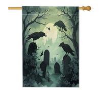Drapeau de maison de cimetière effrayant pour Halloween, 71,1 x 101,6 cm, double face pour décoration extérieure, silhouette de cimetière d'horreur, drapeau de maison, corbeau effrayant, drapeau