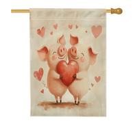Drapeau de maison de cochon 71,1 x 101,6 cm double face pour décoration extérieure, Saint-Valentin, joli cœur en lin, drapeau de maison, motif animal extérieur, drapeau de pelouse