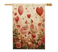 Drapeau de maison de cochon de Saint-Valentin 71,1 x 101,6 cm double face pour décoration extérieure, amusant pour les enfants, joli couple d'animal mignon en lin, drapeau de maison, amant, petit