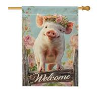 Drapeau de maison de cochons, fleurs rustiques fantaisie, panneau en bois de printemps pastel, pêche pastel, double face, décoration extérieure, porche, drapeaux pour extérieur, pelouse, cour, patio