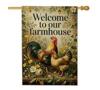 Drapeau de maison de coq rustique, fleurs de poule de printemps marron double face en toile de jute décorative pour extérieur, cour, pelouse, patio, porte, entrée, 71,1 x 101,6 cm