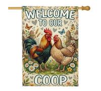 Drapeau de maison de coq rustique, poule et papillon printaniers, tons chauds, double face, en toile de jute décorative pour extérieur, terrasse, pelouse, entrée, camping, 71,1 x 101,6 cm