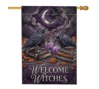 Drapeau de maison de corbeaux, livres de potions fantaisistes gothiques pour Halloween violet double face en toile de jute décorative pour extérieur, pelouse, cour, patio, entrée 71,1 x 101,6 cm