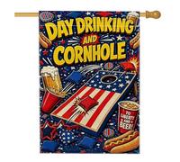 Drapeau de maison de cornhole - Motif bière, hot-dog - Rouge - Double face - Décoration extérieure - Pour extérieur, pelouse, cour, patio, entrée - 71 x 101 cm