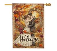 Drapeau de maison de couple, feuilles fantaisistes romantiques de bienvenue automne orange double face en toile de jute décorative pour extérieur, terrasse, pelouse, entrée, camping 71,1 x 101,6 cm