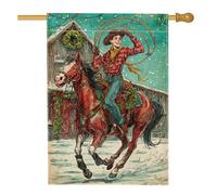Drapeau de maison de cow-boy, cheval festif de l'Ouest Lasso de Noël rouge double face en toile de jute pour extérieur, terrasse, cour, pelouse, entrée, balcon, 71,1 x 101,6 cm