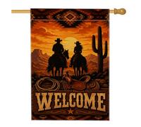 Drapeau de maison de cow-boys - Style occidental rustique - Cactus - Montagnes - Bienvenue - Orange - Double face - Grand drapeau de jardin pour extérieur, pelouse, cour, patio, entrée - 71 x 101,6 cm