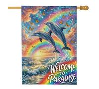 Drapeau de maison de dauphin, papillon fantaisie tropical, arc-en-ciel, toile de jute bleue d'été, drapeaux décoratifs double face pour porche, extérieur, terrasse, pelouse, entrée, camping 71 x 101,6