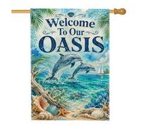 Drapeau de maison de dauphins, coquillage de palmier tropical côtier bleu été double face en toile de jute pour extérieur, cour, pelouse, terrasse, porte, entrée, 71,1 x 101,6 cm